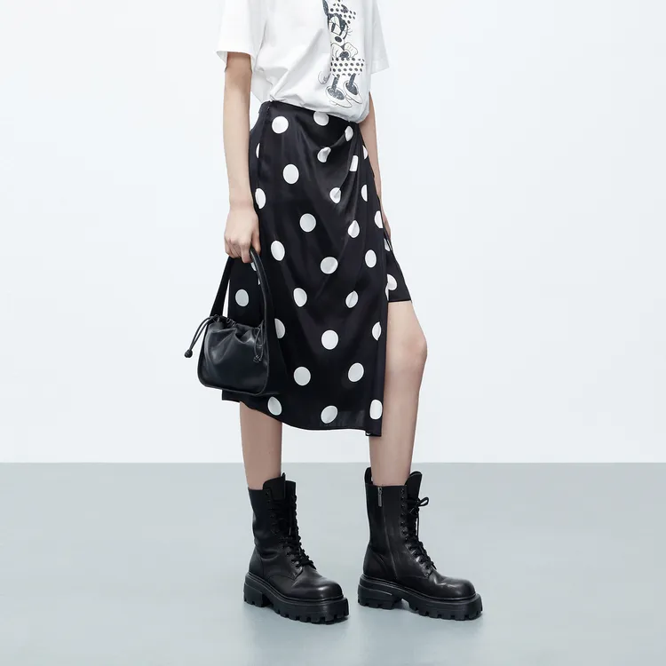 MO&CO Casual Long Skirts Women's Black White Polka Dot-4
