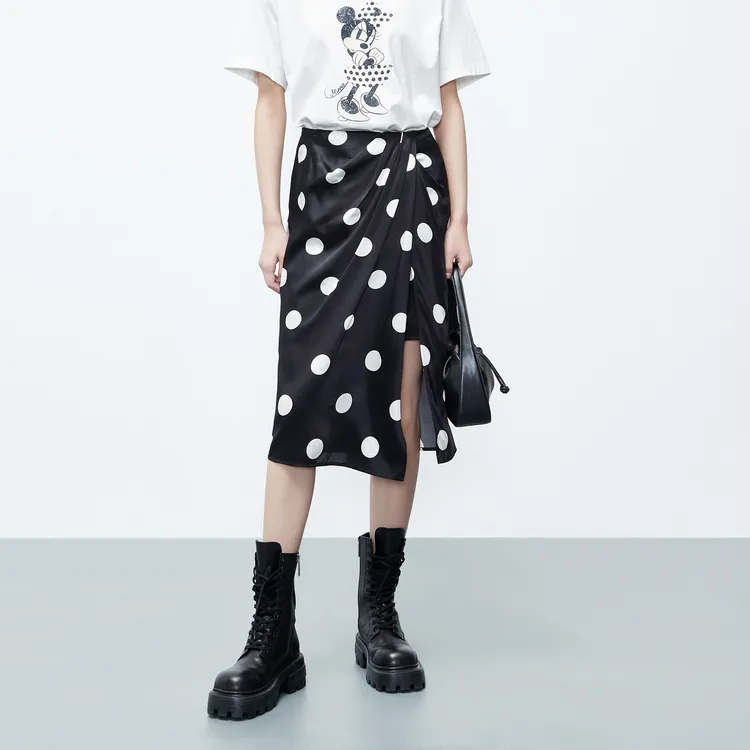 MO&CO Casual Long Skirts Women's Black White Polka Dot-2