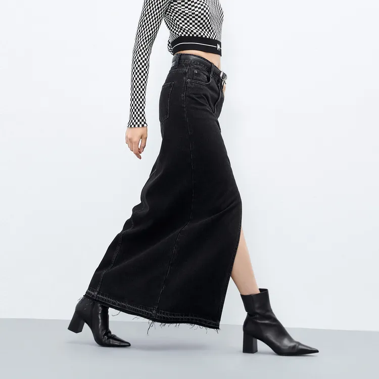 MO&CO Denim Long Skirts Women's Denim Black-3