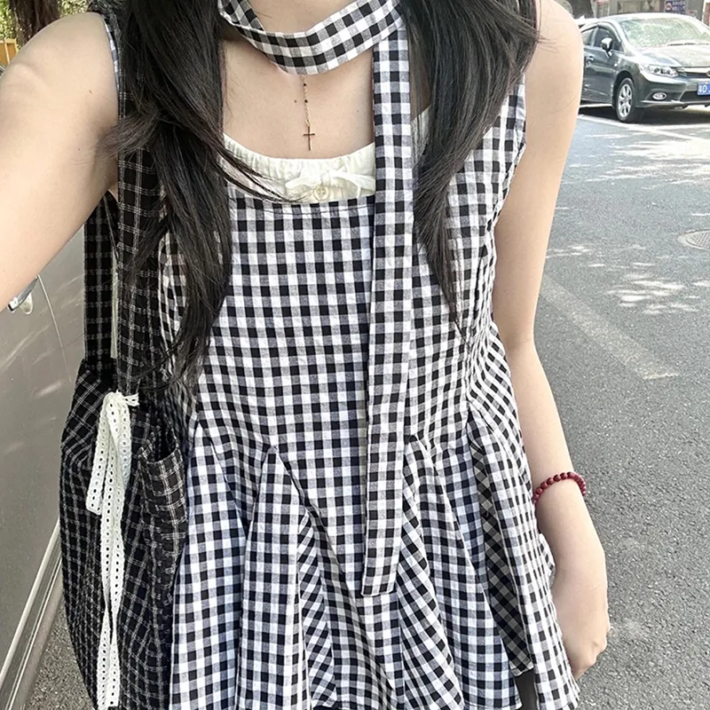 BRASS SCOUT Tank Tops Women's Black Plaid Shopping Bag-4
