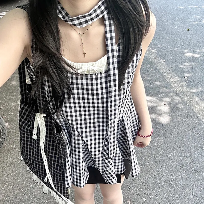 BRASS SCOUT Tank Tops Women's Black Plaid Shopping Bag-6
