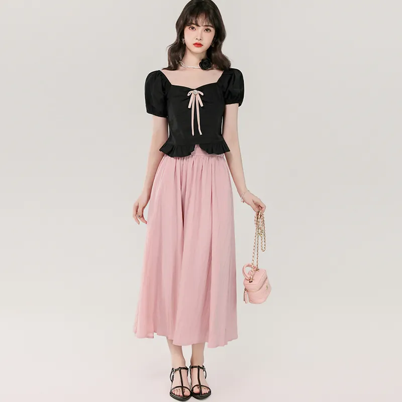 BRASS SCOUT Skirt Set Women's Black Top+Pink Skirt-3