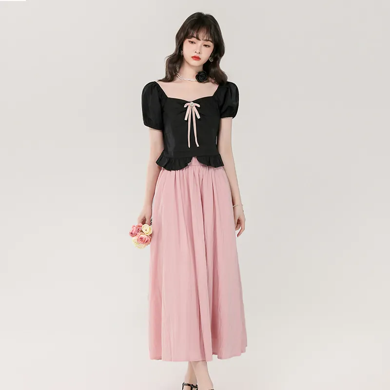 BRASS SCOUT Skirt Set Women's Black Top+Pink Skirt-5