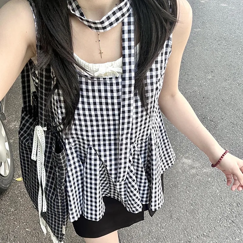 BRASS SCOUT Tank Tops Women's Black Plaid Shopping Bag-5