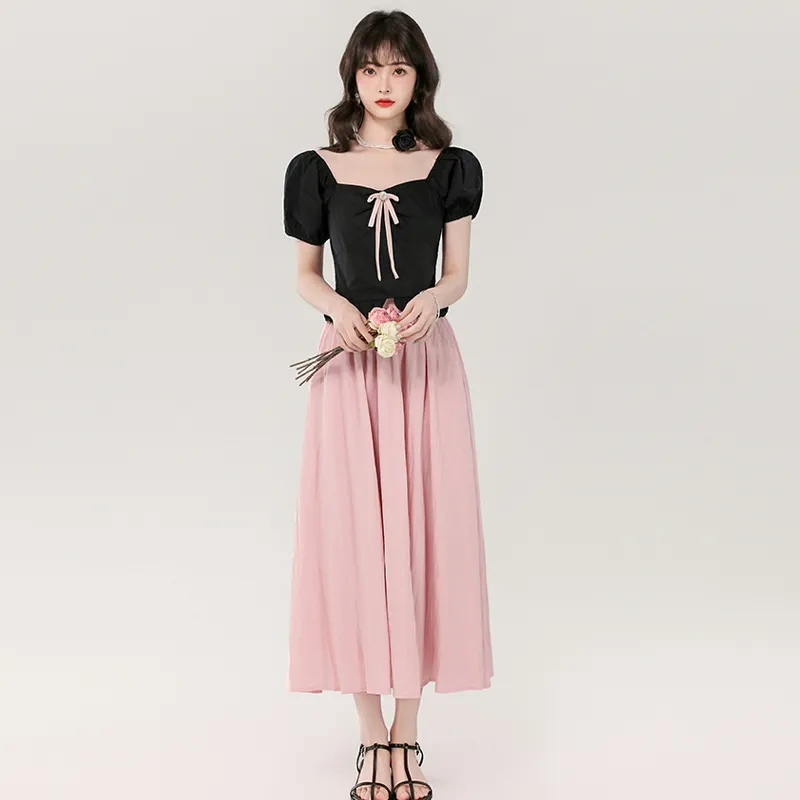 BRASS SCOUT Skirt Set Women's Black Top+Pink Skirt-4
