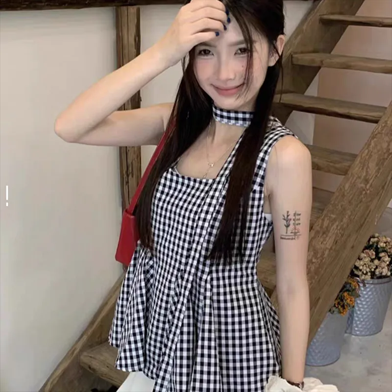 BRASS SCOUT Tank Tops Women's Black Plaid Shopping Bag-2