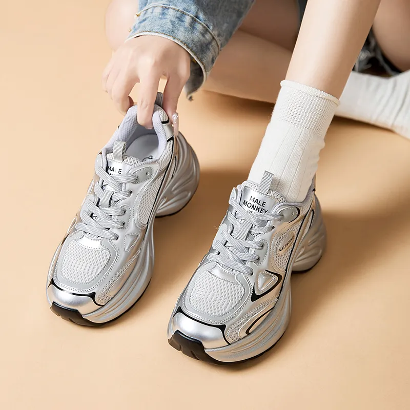 MALEMONKEY Lightweight Height Increasing Low-Top Chunky Sneakers Women's Silver-3