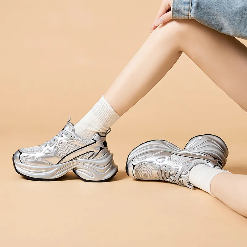 MALEMONKEY Lightweight Height Increasing Low-Top Chunky Sneakers Women's Silver-4