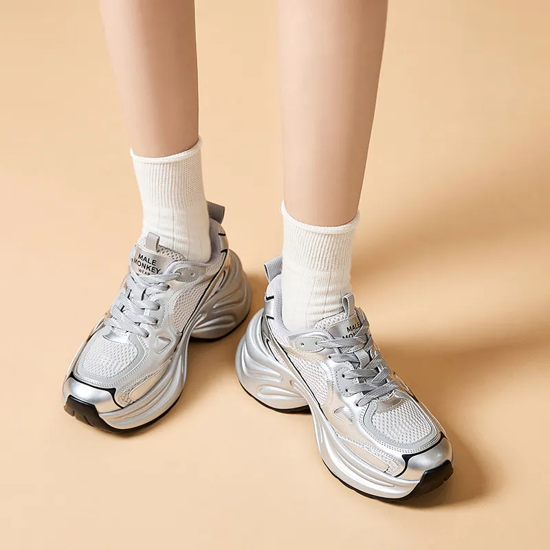 MALEMONKEY Lightweight Height Increasing Low-Top Chunky Sneakers Women's Silver-2