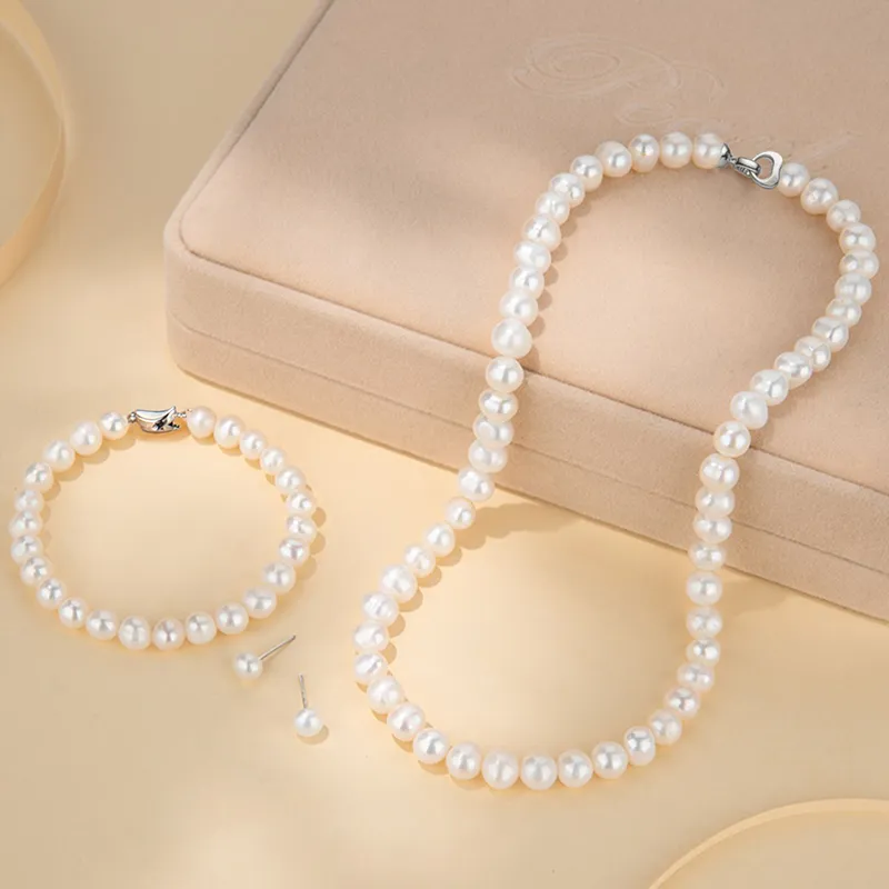 Beth Jewelry Freshwater Pearl Necklace Stud Earrings And Bracelet Set Women's-5