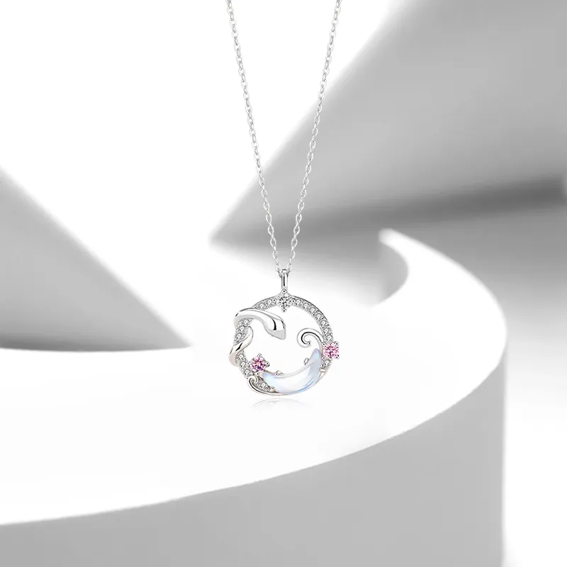 CANHUI S925 Silver Serpent Chasing Moon Necklace Women's-2