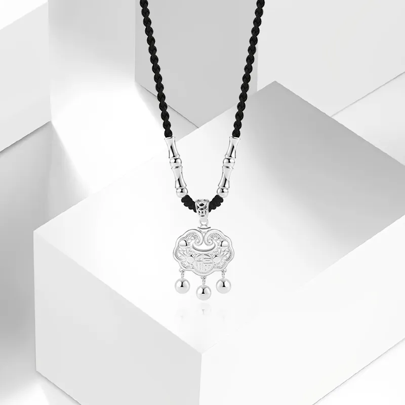 CANHUI S999 Fine Silver Bamboo Peace Lock Necklace Women's-2