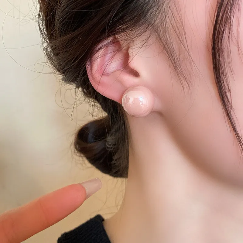 Drejew Faux Pearl Flattened Round Chinese Steamed Bun Bead Stud Earrings Women's-4