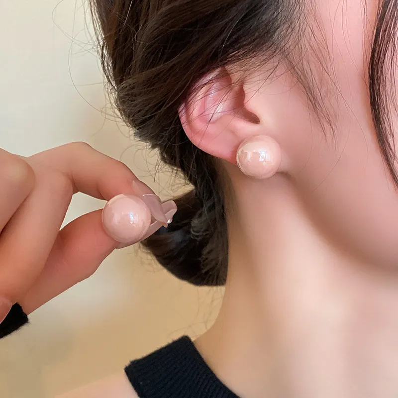 Drejew Faux Pearl Flattened Round Chinese Steamed Bun Bead Stud Earrings Women's-1