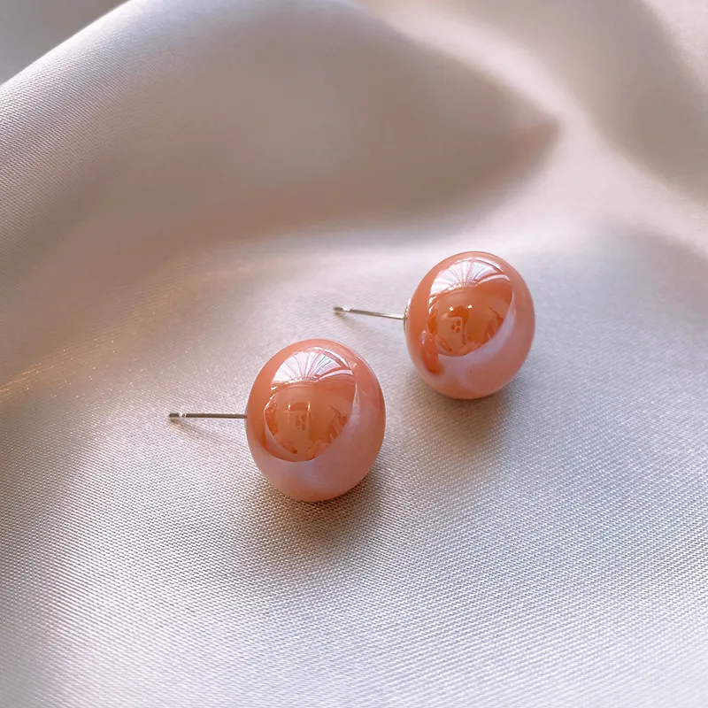 Drejew Faux Pearl Flattened Round Chinese Steamed Bun Bead Stud Earrings Women's-2