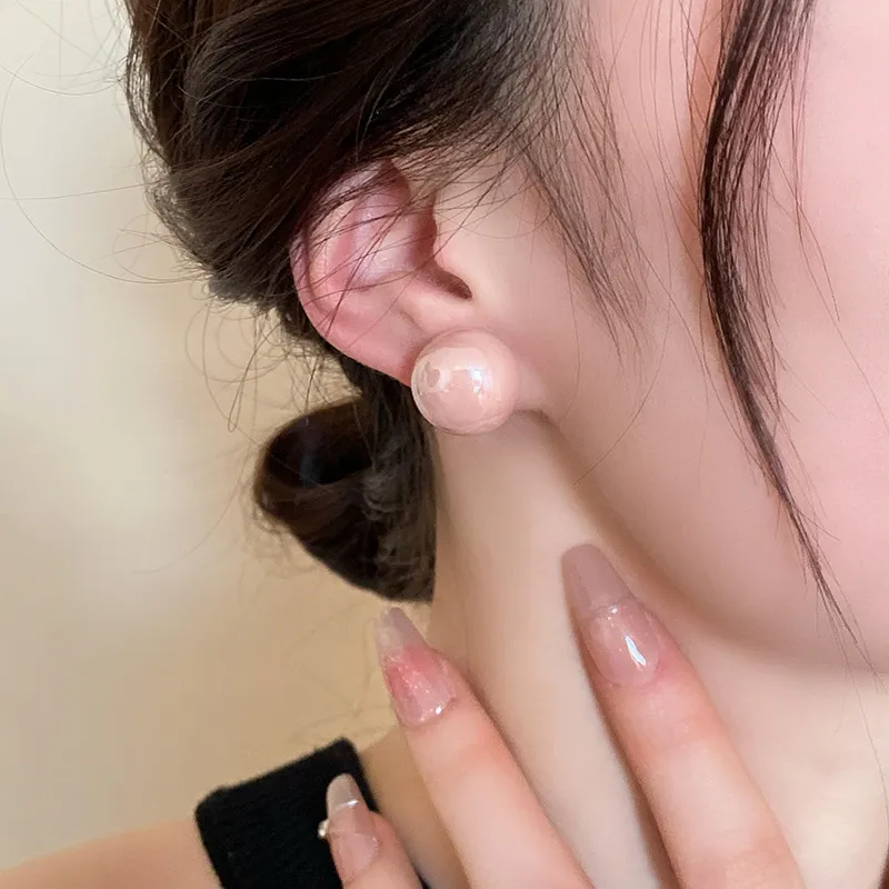 Drejew Faux Pearl Flattened Round Chinese Steamed Bun Bead Stud Earrings Women's-3