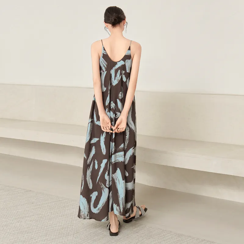 DIALOGUE Slip Dresses Women's Brushstroke Blue Coffee Print-2