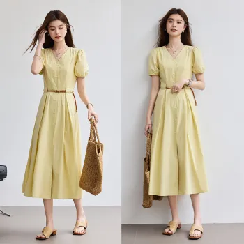 VICTORIA&VERA Short Sleeved Dress Women's Light Yellow