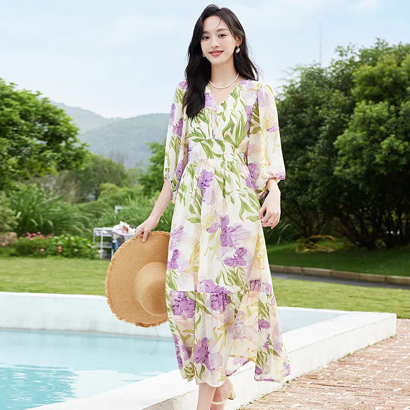 VICTORIA&VERA Long Sleeved Dresses Women's Purple Flower-6