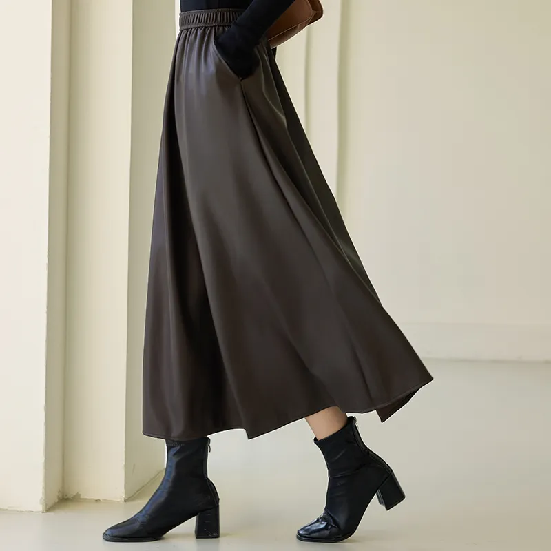 VICTORIA&VERA Leather Long Skirts Women's Coffee-6