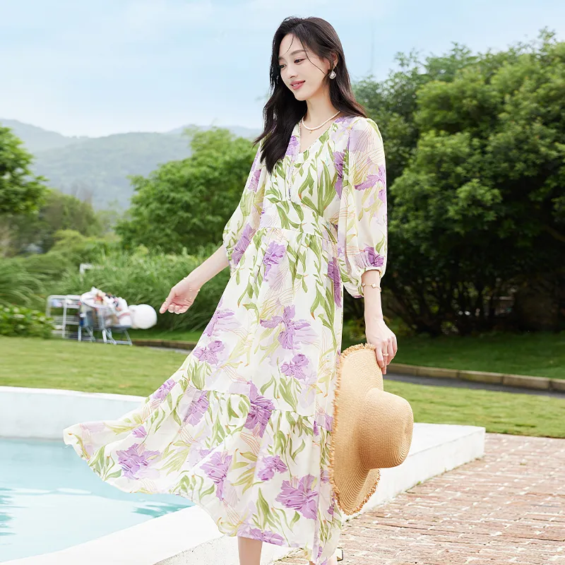 VICTORIA&VERA Long Sleeved Dresses Women's Purple Flower-3