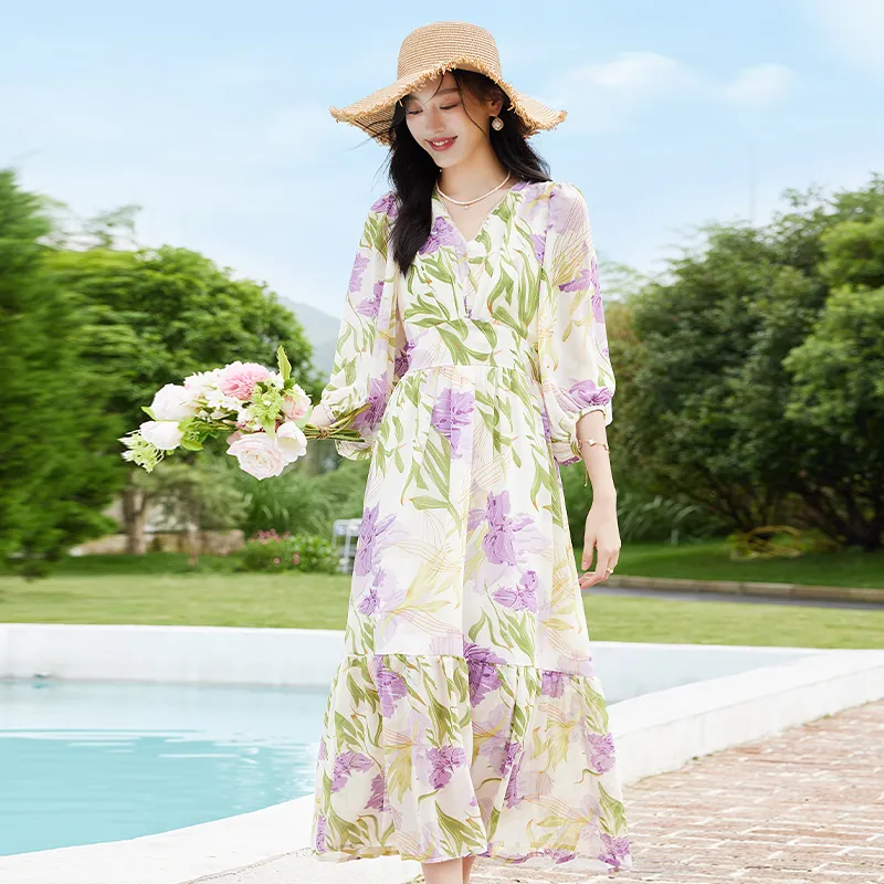 VICTORIA&VERA Long Sleeved Dresses Women's Purple Flower-5