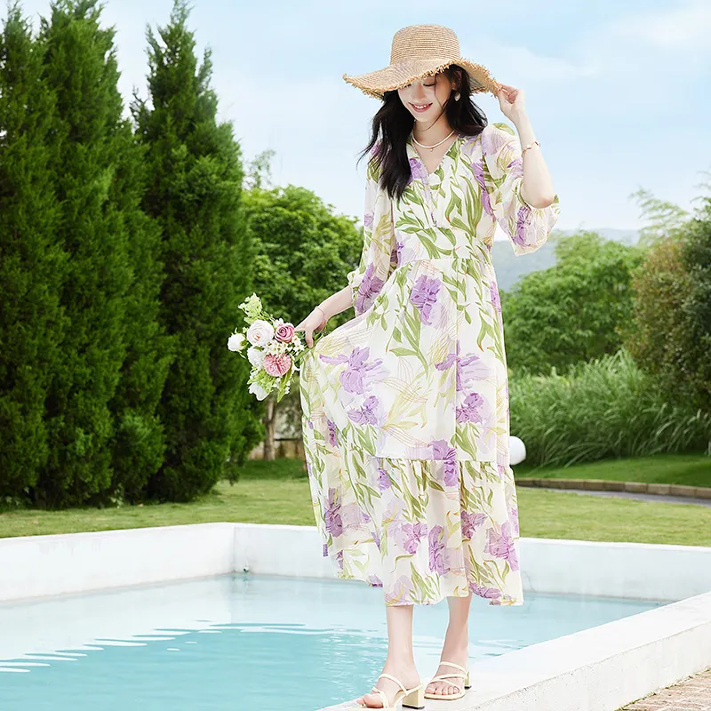 VICTORIA&VERA Long Sleeved Dresses Women's Purple Flower-4
