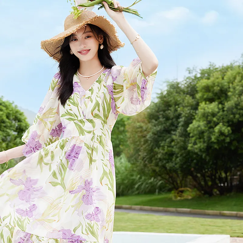 VICTORIA&VERA Long Sleeved Dresses Women's Purple Flower-1