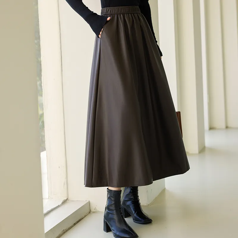 VICTORIA&VERA Leather Long Skirts Women's Coffee-5