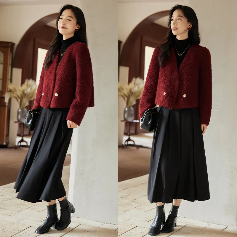 VICTORIA&VERA Velvet feel Coat Women's Ancora Red-3