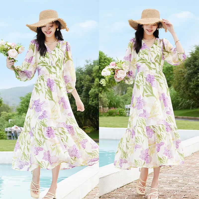 VICTORIA&VERA Long Sleeved Dresses Women's Purple Flower-2
