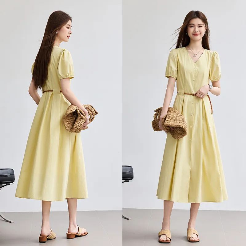 VICTORIA&VERA Short Sleeved Dress Women's Light Yellow-1