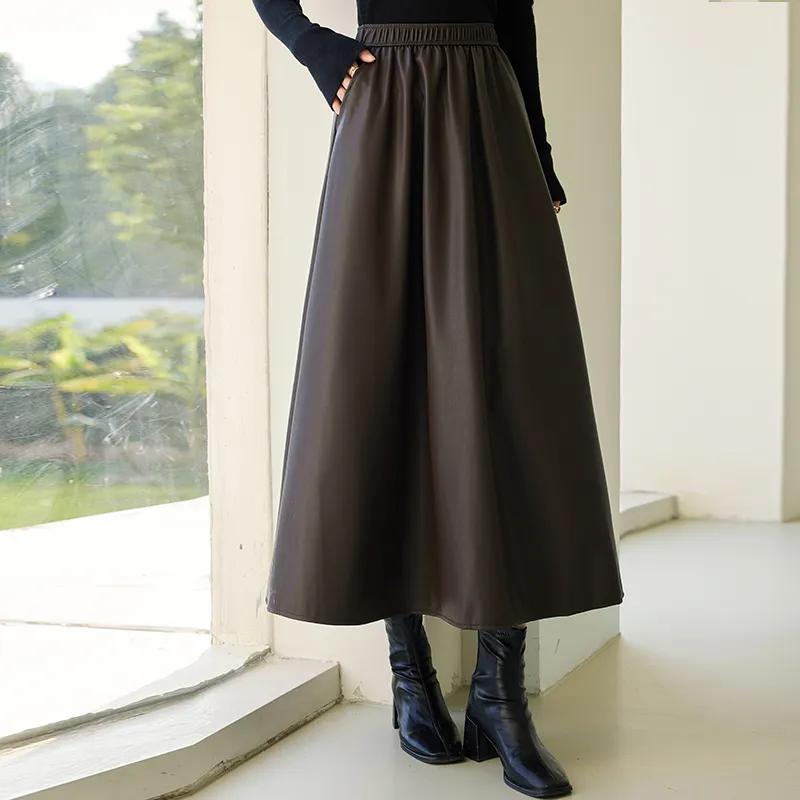 VICTORIA&VERA Leather Long Skirts Women's Coffee-3