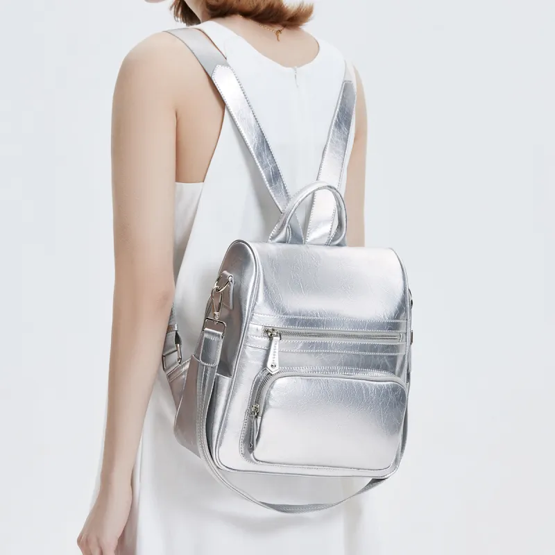 Marino Orlandi Synthetic Leather Premium Commuter Casual Backpack Women's Silver-3