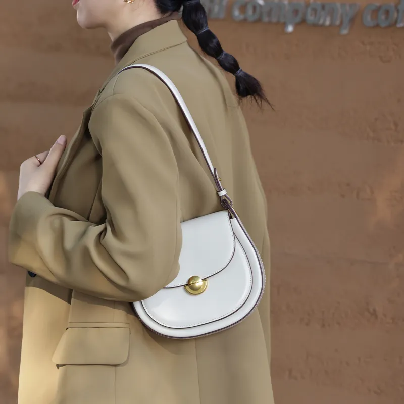 Marino Orlandi Split Cow Leather With Synthetic Leather Saddle Bag, Crossbody Bag, Shoulder Bag Women's White/Coffee-14