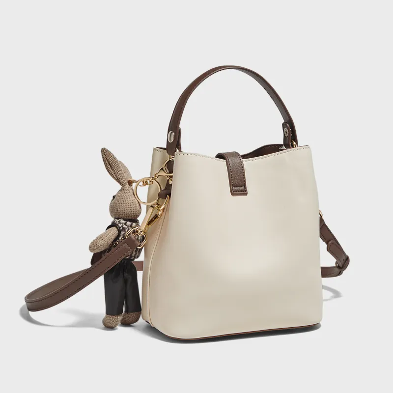 Marino Orlandi Cow Split Leather Shoulder Bag, Basket Bag, Bucket Bag, One Shoulder Handbag Women's White/Coffee-4
