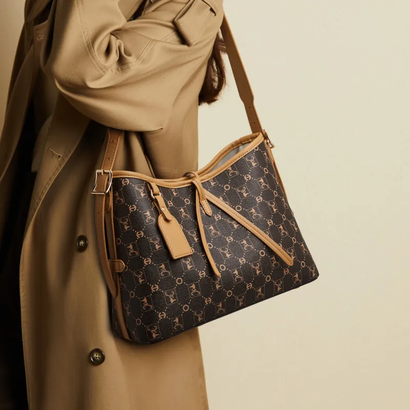 Marino Orlandi Synthetic Leather With PVC Tote Bag, Shopping Bag, Crossbody Bag, Shoulder Bag Women's Apricot/Coffee-4