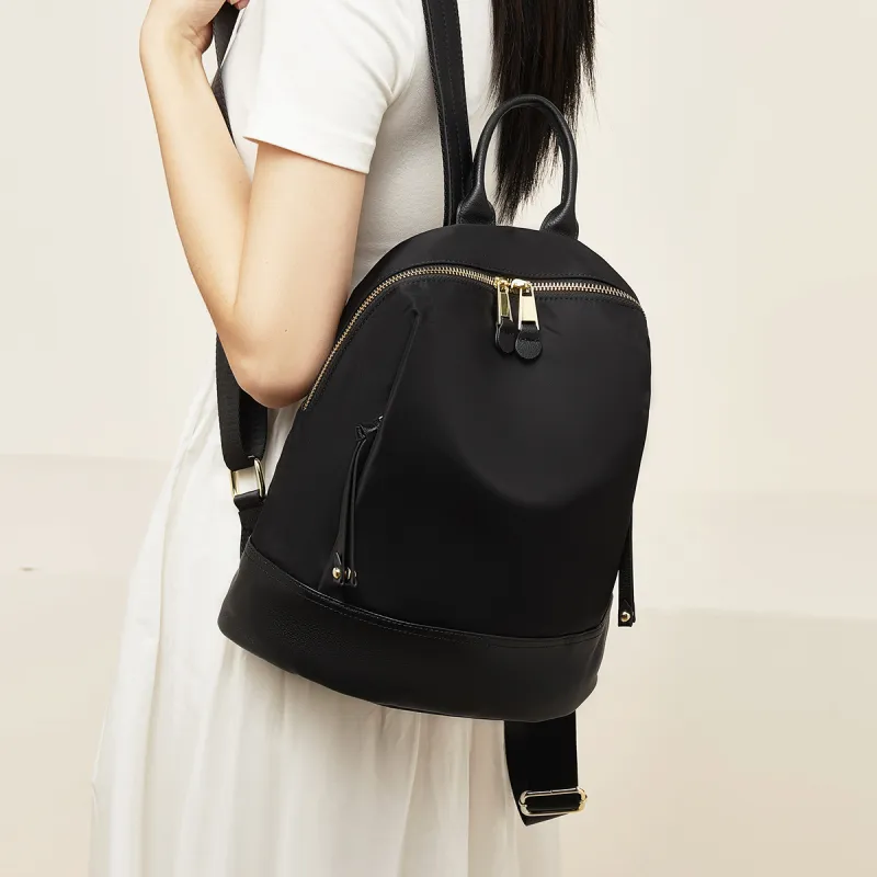 Marino Orlandi Fabric With Leather Patchwork Nylon Fabric Backpack Medium Size Women's Black/Khaki/Apricot-4