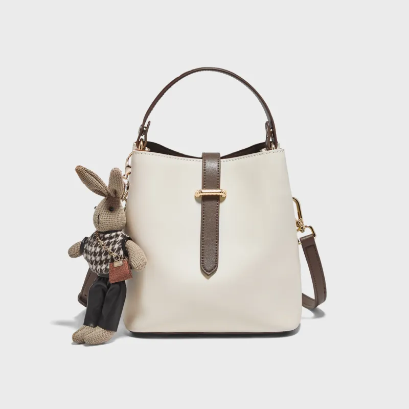 Marino Orlandi Cow Split Leather Shoulder Bag, Basket Bag, Bucket Bag, One Shoulder Handbag Women's White/Coffee-2