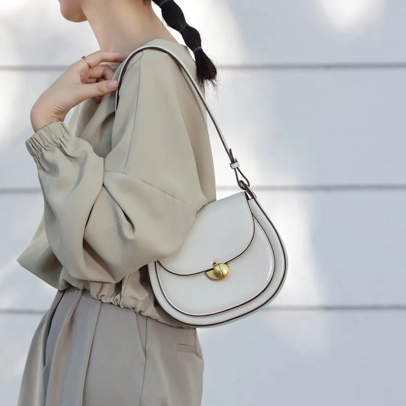 Marino Orlandi Split Cow Leather With Synthetic Leather Saddle Bag, Crossbody Bag, Shoulder Bag Women's White/Coffee-13