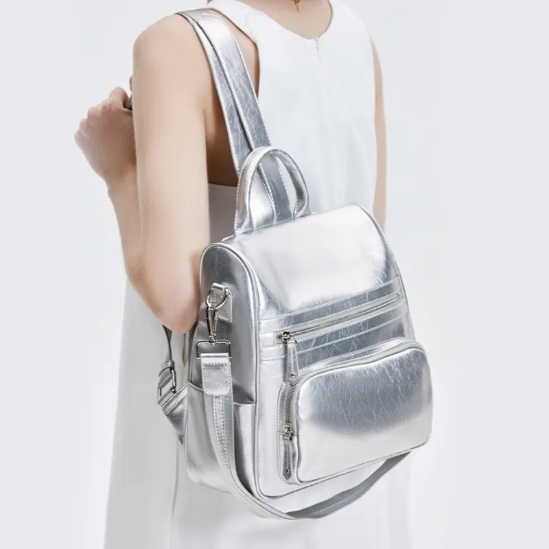 Marino Orlandi Synthetic Leather Premium Commuter Casual Backpack Women's Silver-5