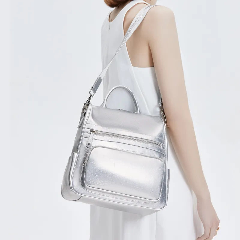 Marino Orlandi Synthetic Leather Premium Commuter Casual Backpack Women's Silver-4