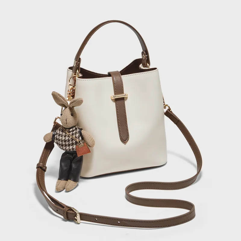 Marino Orlandi Cow Split Leather Shoulder Bag, Basket Bag, Bucket Bag, One Shoulder Handbag Women's White/Coffee-6