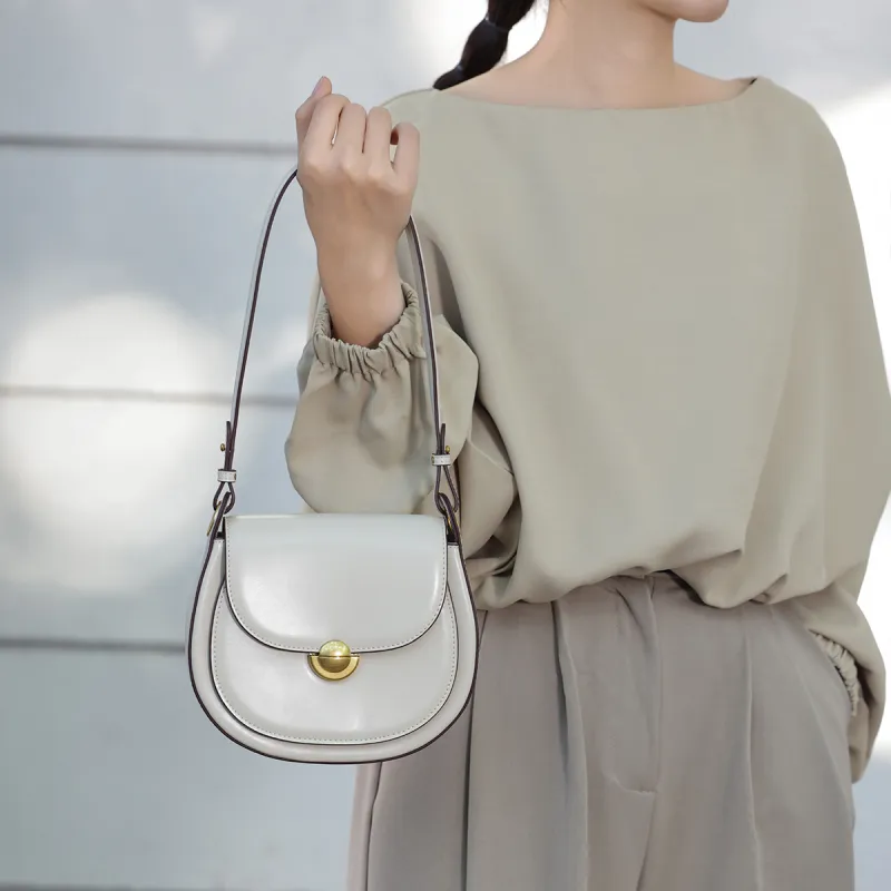 Marino Orlandi Split Cow Leather With Synthetic Leather Saddle Bag, Crossbody Bag, Shoulder Bag Women's White/Coffee-11