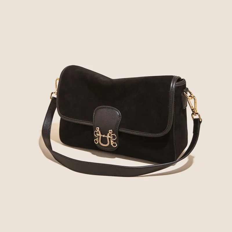 Marino Orlandi Cow Split Leather Bonded Synthetic Leather Shoulder Bag Medium Size Women's Black/Brown-3