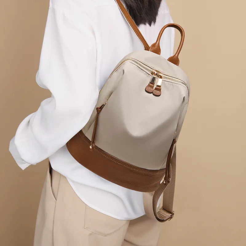 Marino Orlandi Fabric With Leather Patchwork Nylon Fabric Backpack Medium Size Women's Black/Khaki/Apricot-16