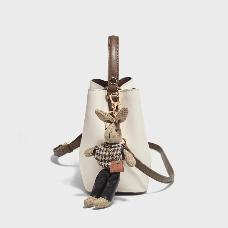 Marino Orlandi Cow Split Leather Shoulder Bag, Basket Bag, Bucket Bag, One Shoulder Handbag Women's White/Coffee-3