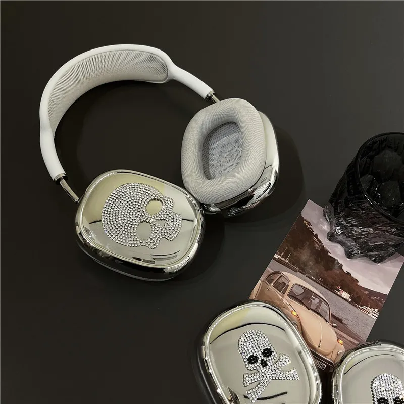 IXN Compatibility Apple AirPods Max TPU Electroplated Sparkling Rhinestone Skull Headphone Cases-1