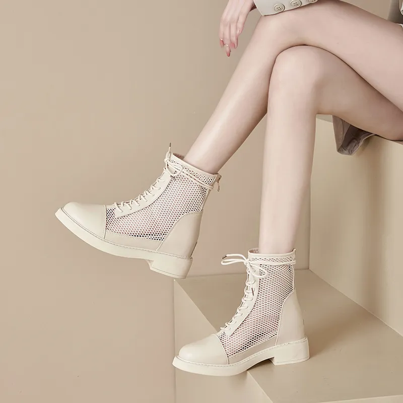 QINGZHUHU Ankle Boots Women's Beige/Black-4