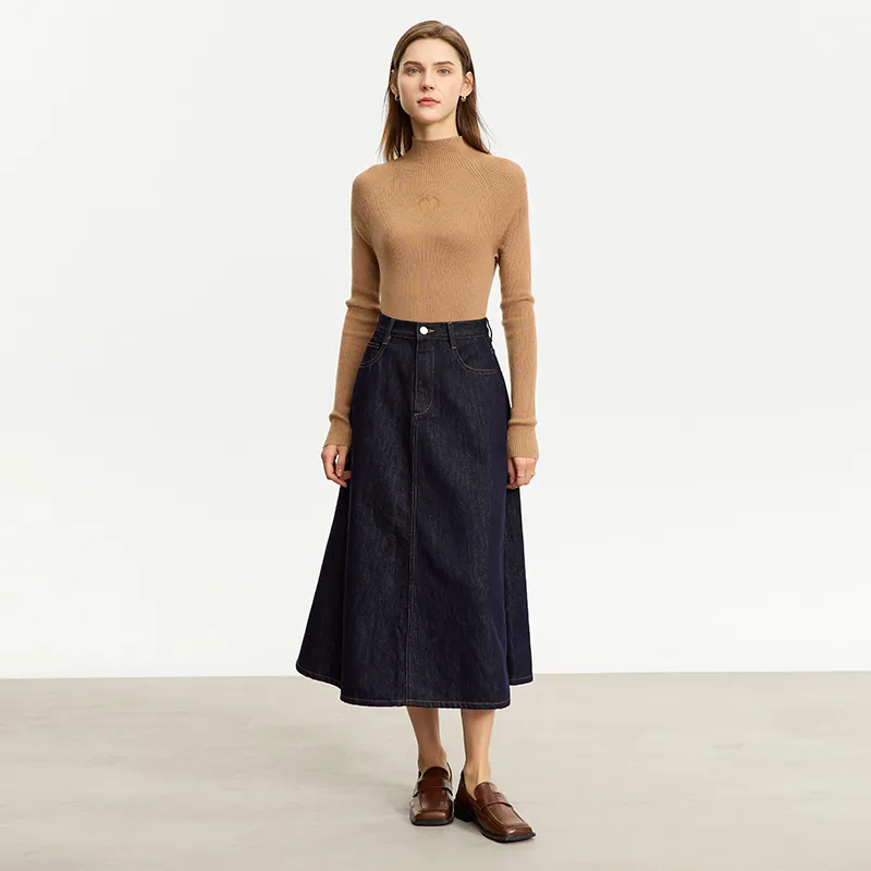 AMII Denim Long Skirts Women's Dark Denim Blue-6